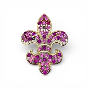 Signed LISNER Pink Rhinestone Fleur De Lis Brooch Gold Tone VTG